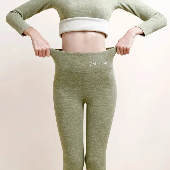 Green Women's Fleece Leggings with Fold-Over High-Waist Design
