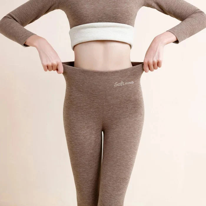Brown Women's Fleece Leggings with Fold-Over High-Waist Design