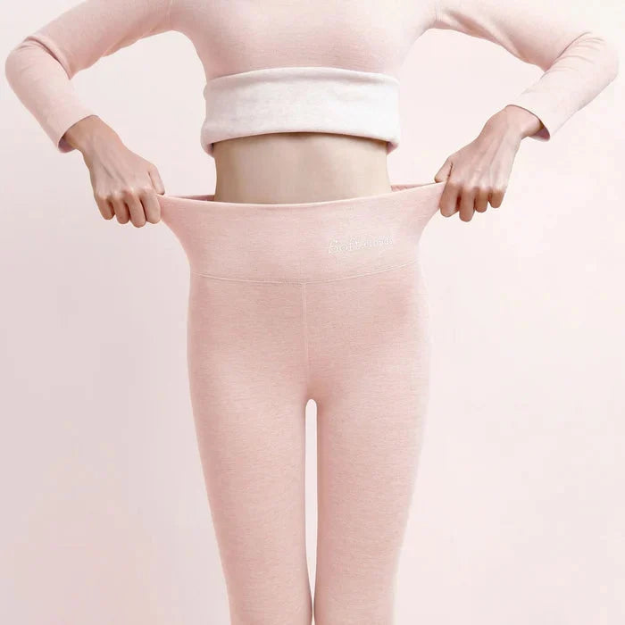 Pink Women's Fleece Leggings with Fold-Over High-Waist Design