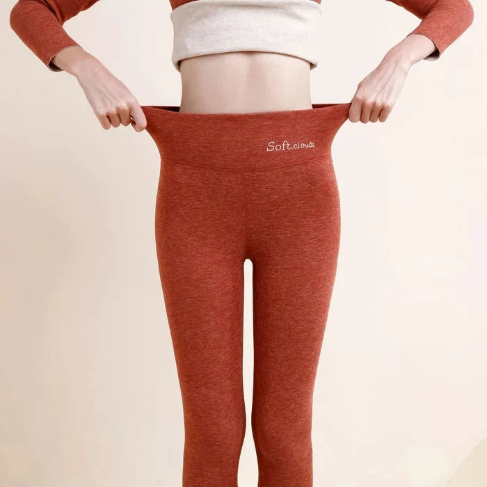 Red Women's Fleece Leggings with Fold-Over High-Waist Design