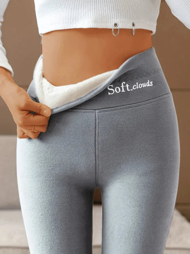 Grey Women's Fleece Leggings with Fold-Over High-Waist Design