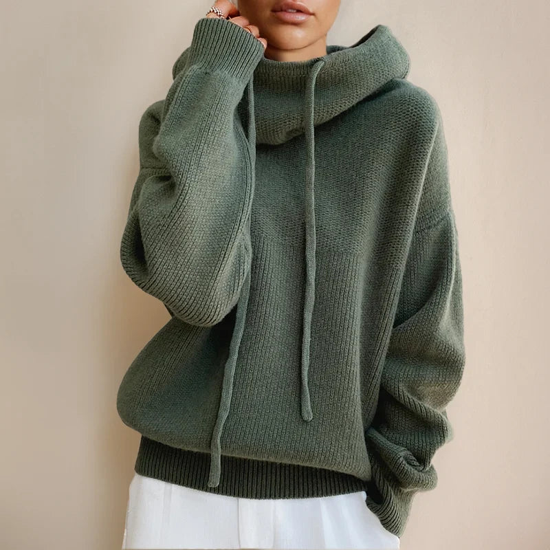 Green Women's Merino Wool Turtleneck Sweater with Drawstring Hooded Collar