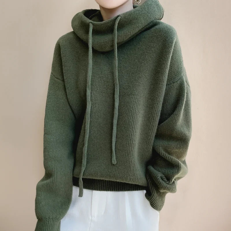 Women's Merino Wool Turtleneck Sweater with Drawstring Hooded Collar