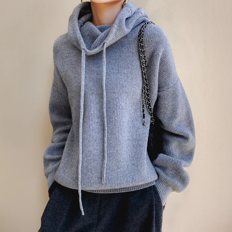 Women's Merino Wool Turtleneck Sweater with Drawstring Hooded Collar