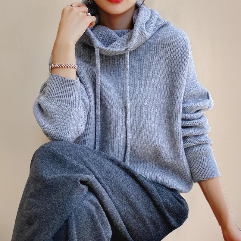 Gray Women's Merino Wool Turtleneck Sweater with Drawstring Hooded Collar