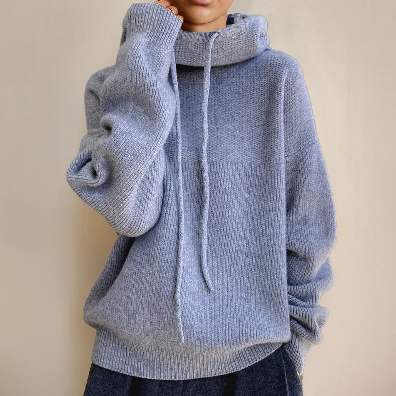 Women's Merino Wool Turtleneck Sweater with Drawstring Hooded Collar