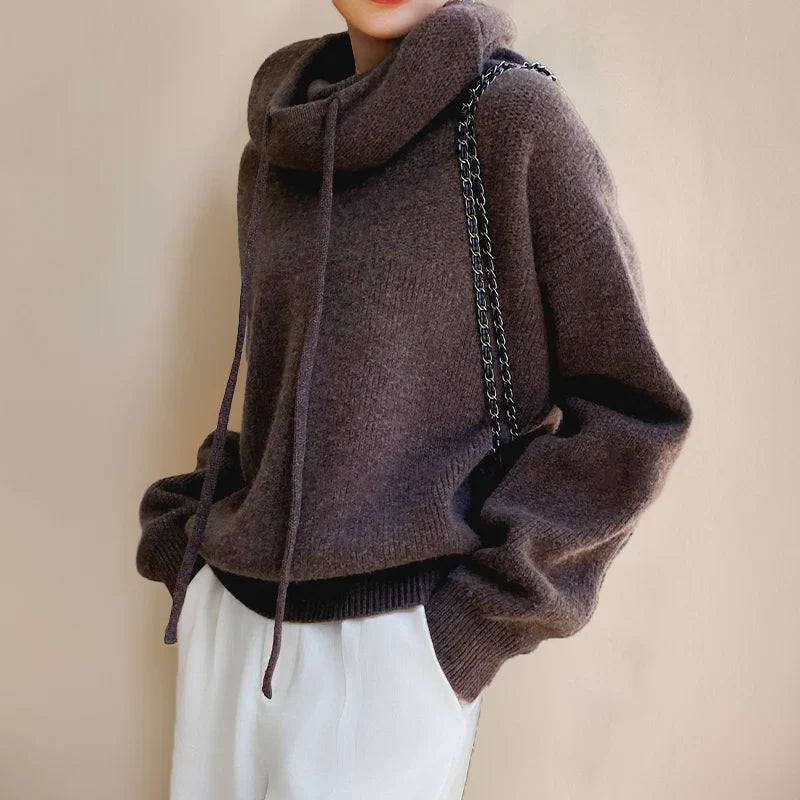 Women's Merino Wool Turtleneck Sweater with Drawstring Hooded Collar