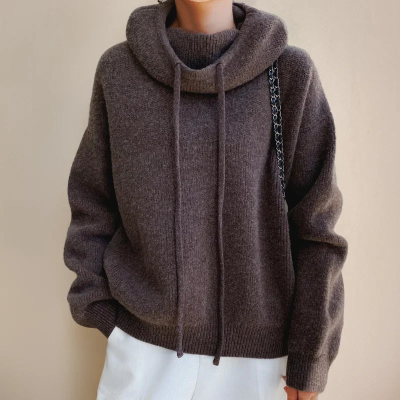 Brown Women's Merino Wool Turtleneck Sweater with Drawstring Hooded Collar