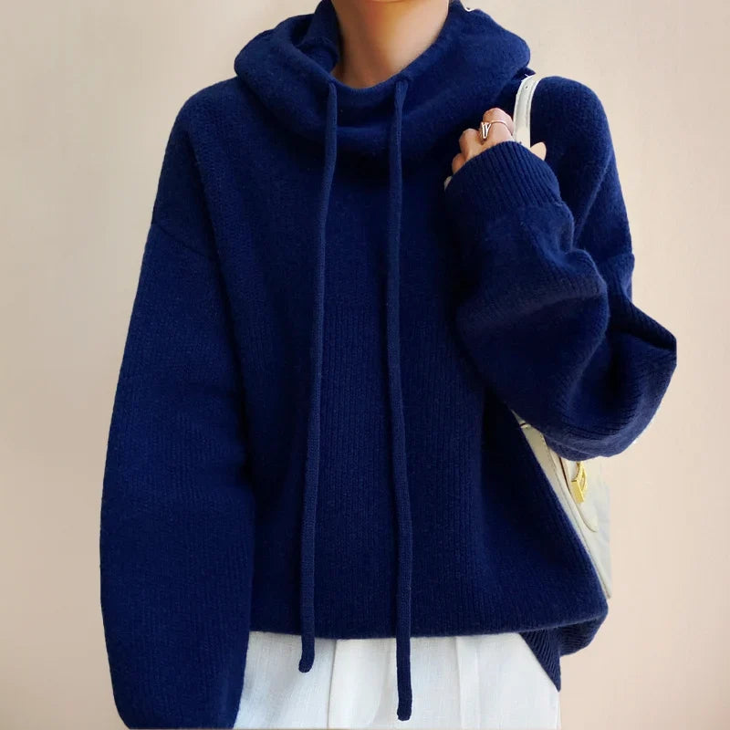 Blue Women's Merino Wool Turtleneck Sweater with Drawstring Hooded Collar