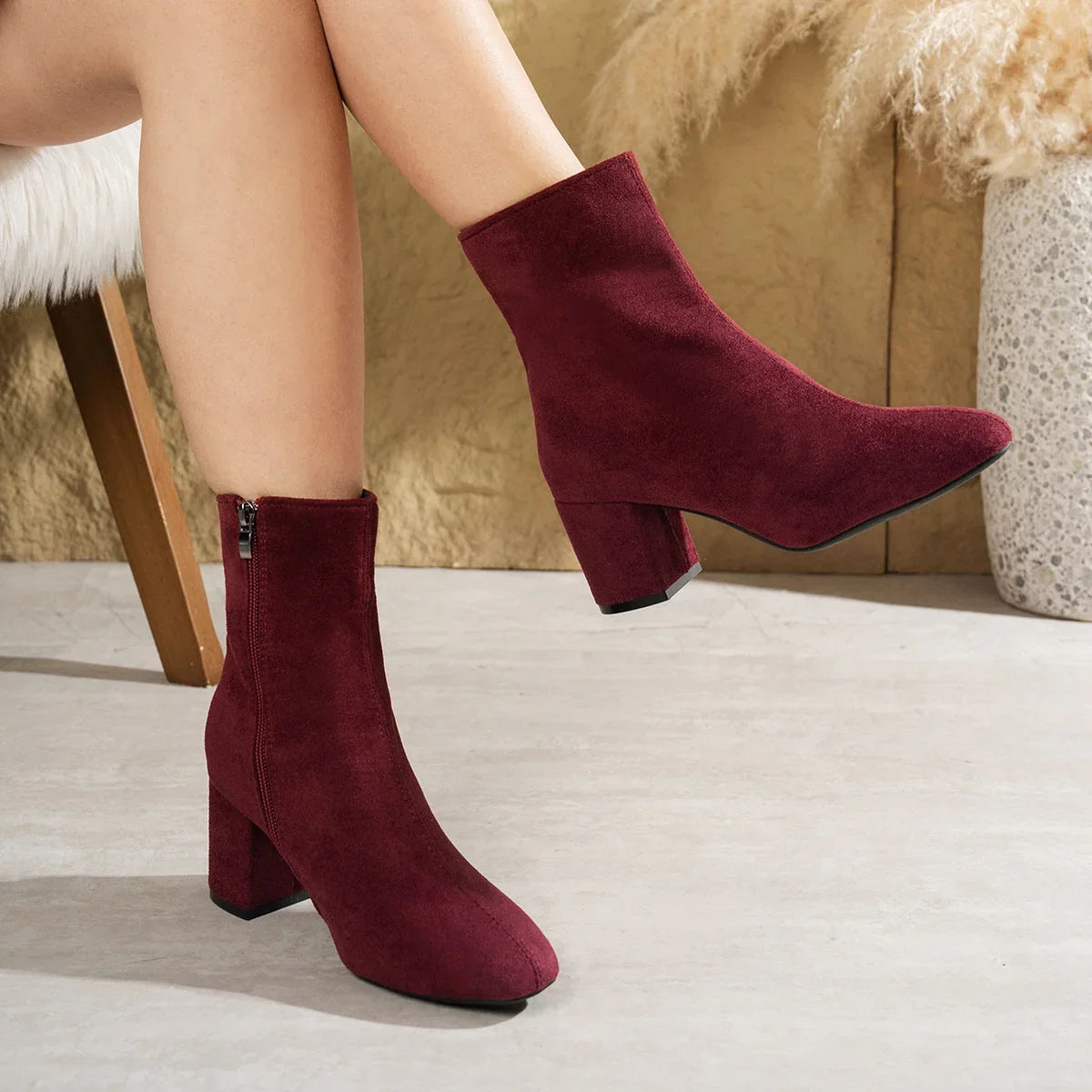 Women's Suede Ankle Boots with Block Heel & Cushioned Insole