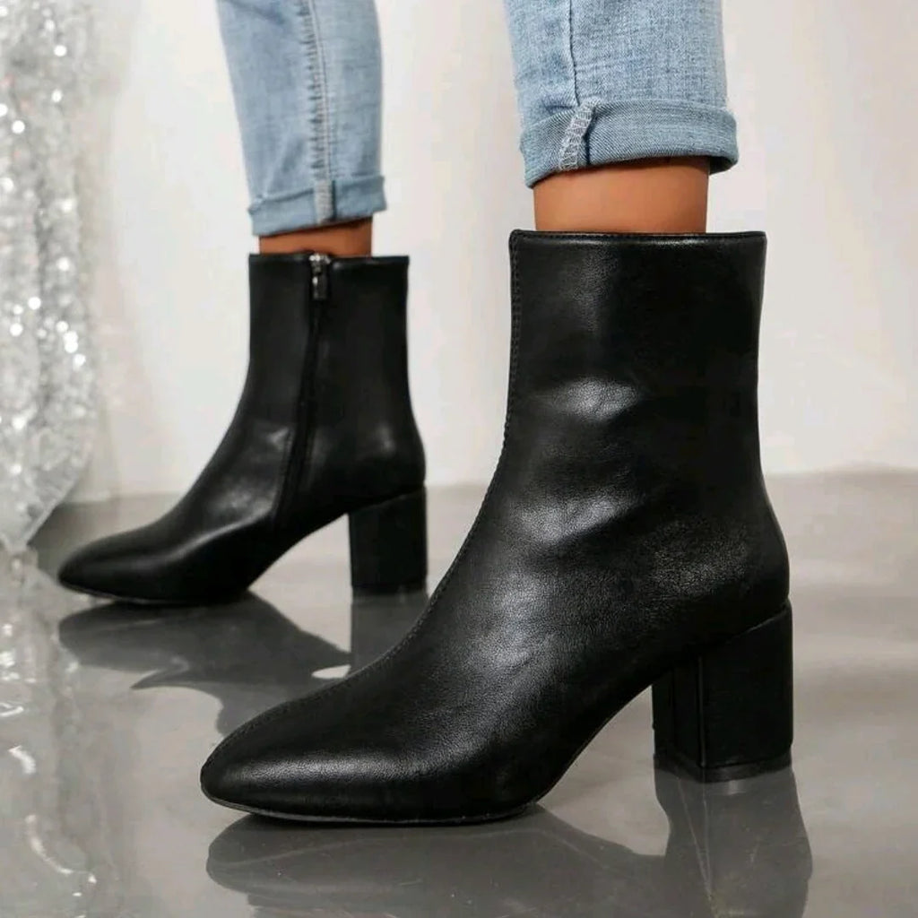 Black Women's Suede Ankle Boots with Block Heel & Cushioned Insole