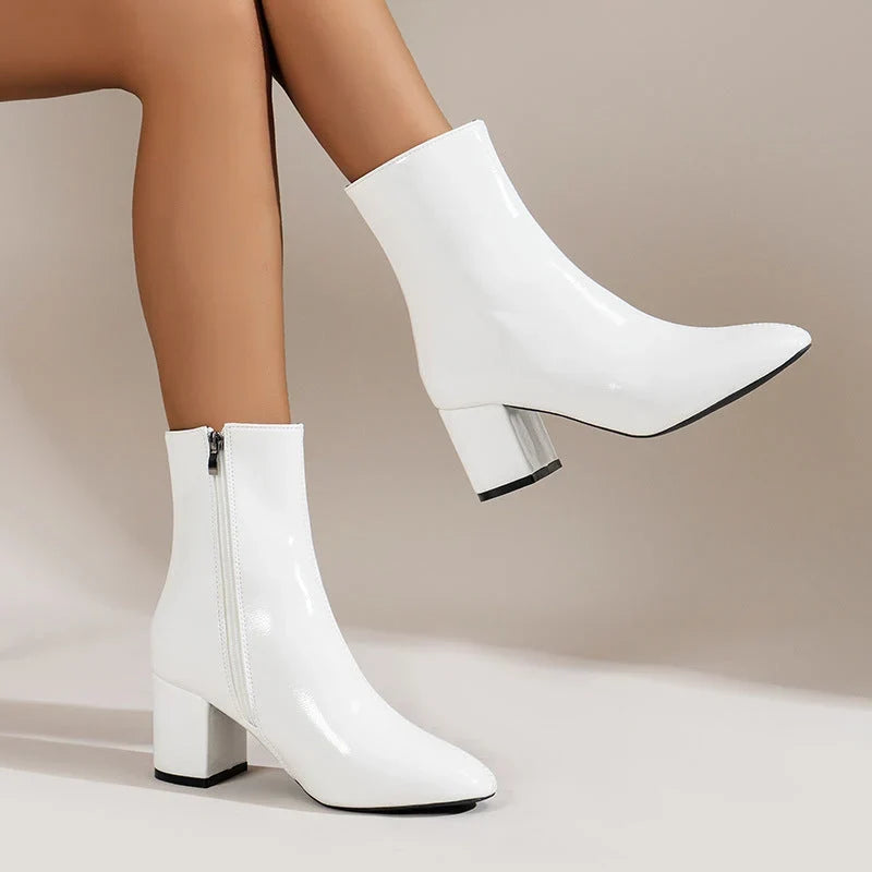 White Women's Suede Ankle Boots with Block Heel & Cushioned Insole