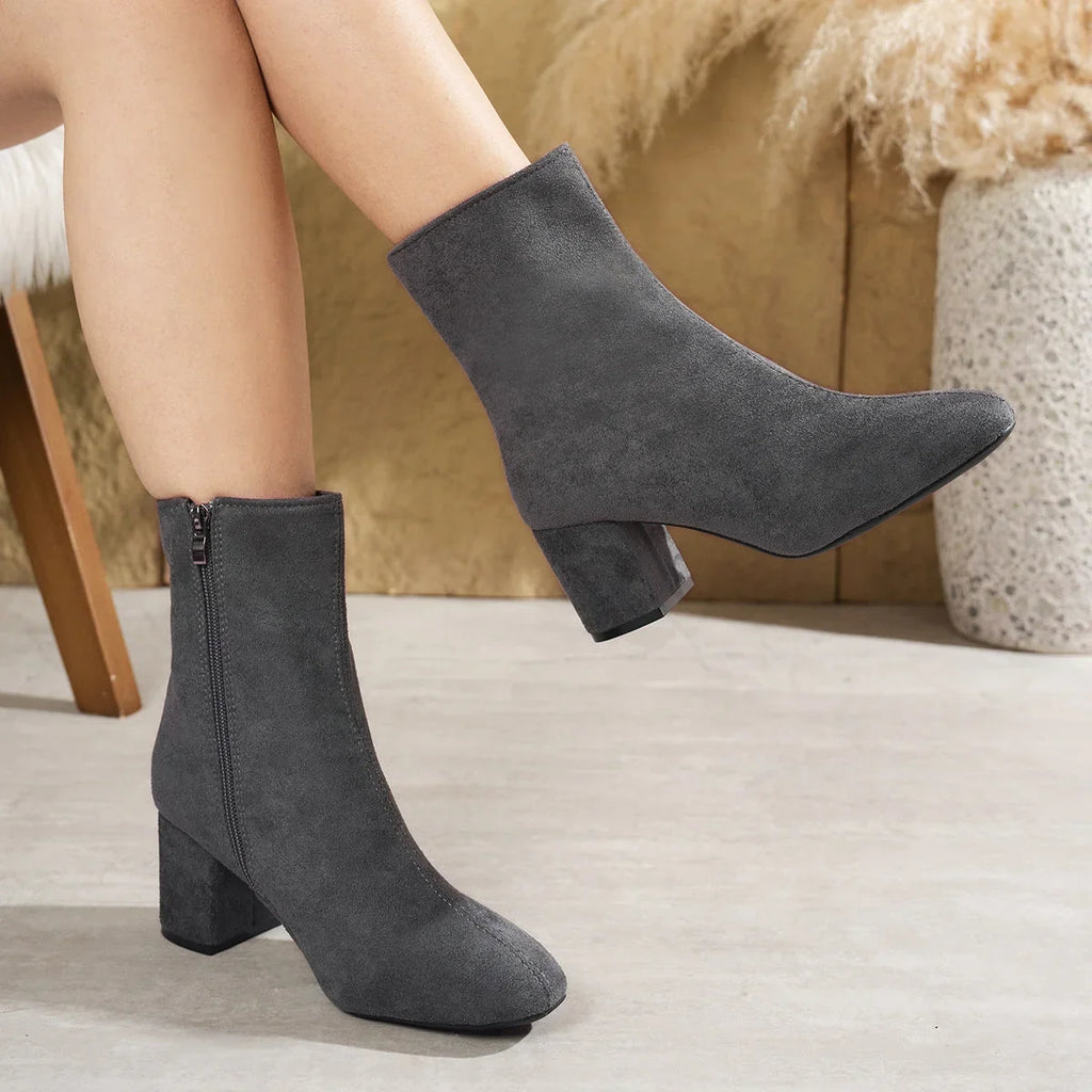 Gray Women's Suede Ankle Boots with Block Heel & Cushioned Insole