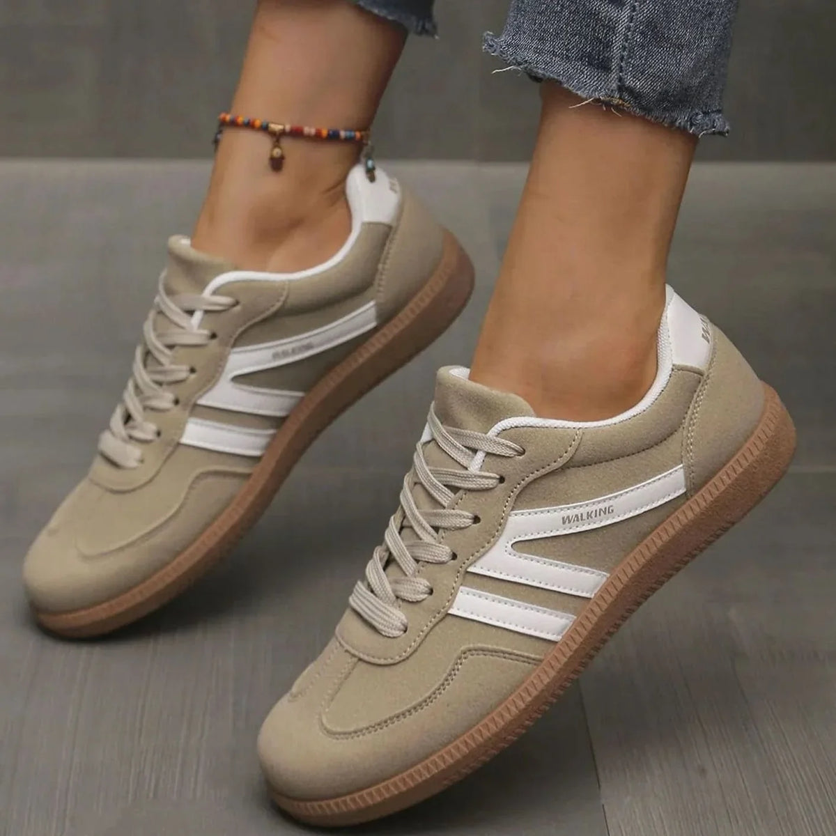 Khaki Women's Orthopedic Sneakers with Wide Toe Box & Lace-Up Front