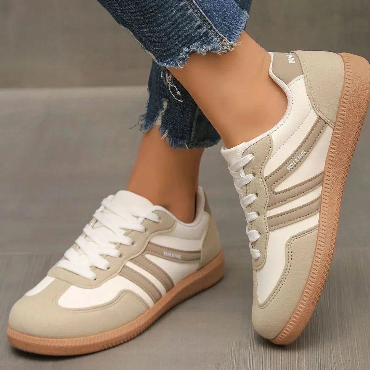 Beige Women's Orthopedic Sneakers with Wide Toe Box & Lace-Up Front