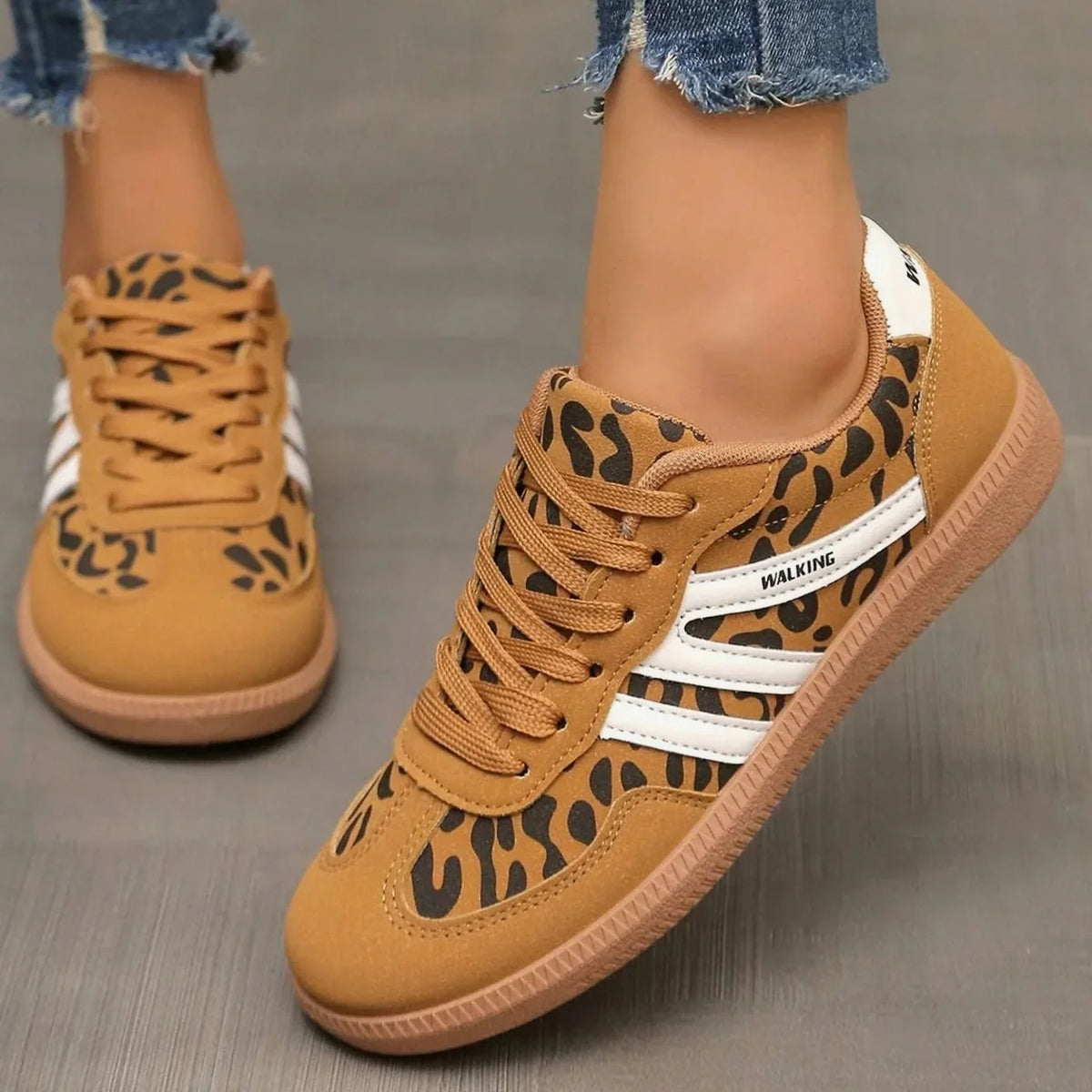 Leopard Print Women's Orthopedic Sneakers with Wide Toe Box & Lace-Up Front