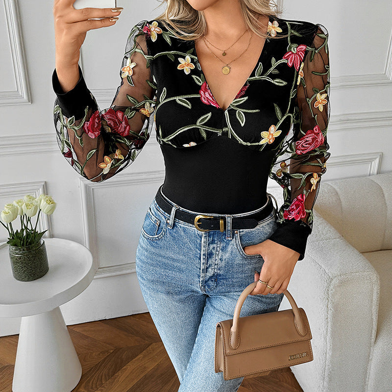 Black Women's Lace Blouse with Floral Embroidered Mesh Sleeves & V-Neck
