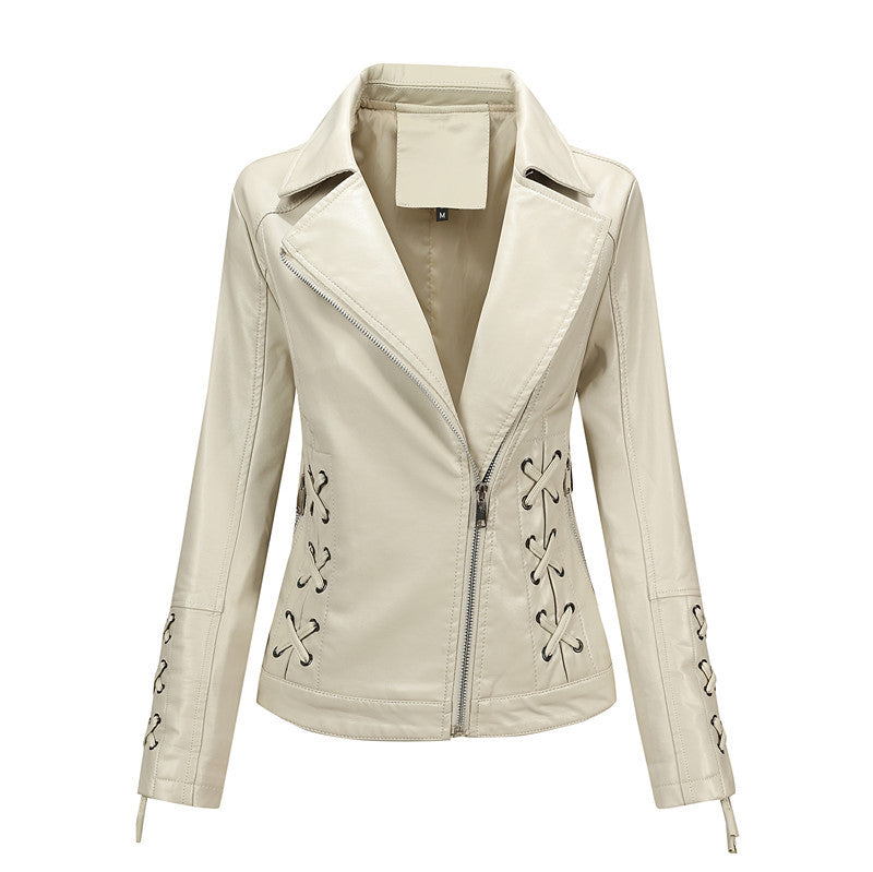 Ivory White Women's Faux Leather Biker Jacket with Side Lacing & Asymmetric Zip