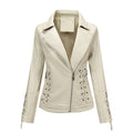 Ivory White Women's Faux Leather Biker Jacket with Side Lacing & Asymmetric Zip