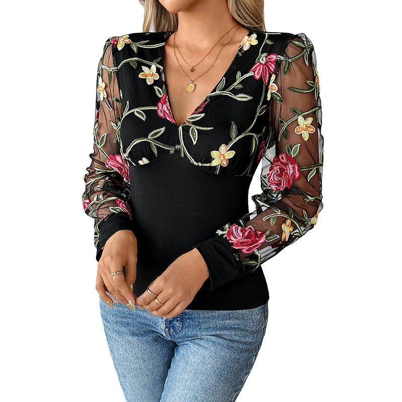 Black Women's Lace Blouse with Floral Embroidered Mesh Sleeves & V-Neck
