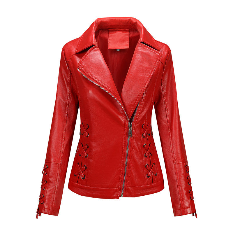 Red Women's Faux Leather Biker Jacket with Side Lacing & Asymmetric Zip