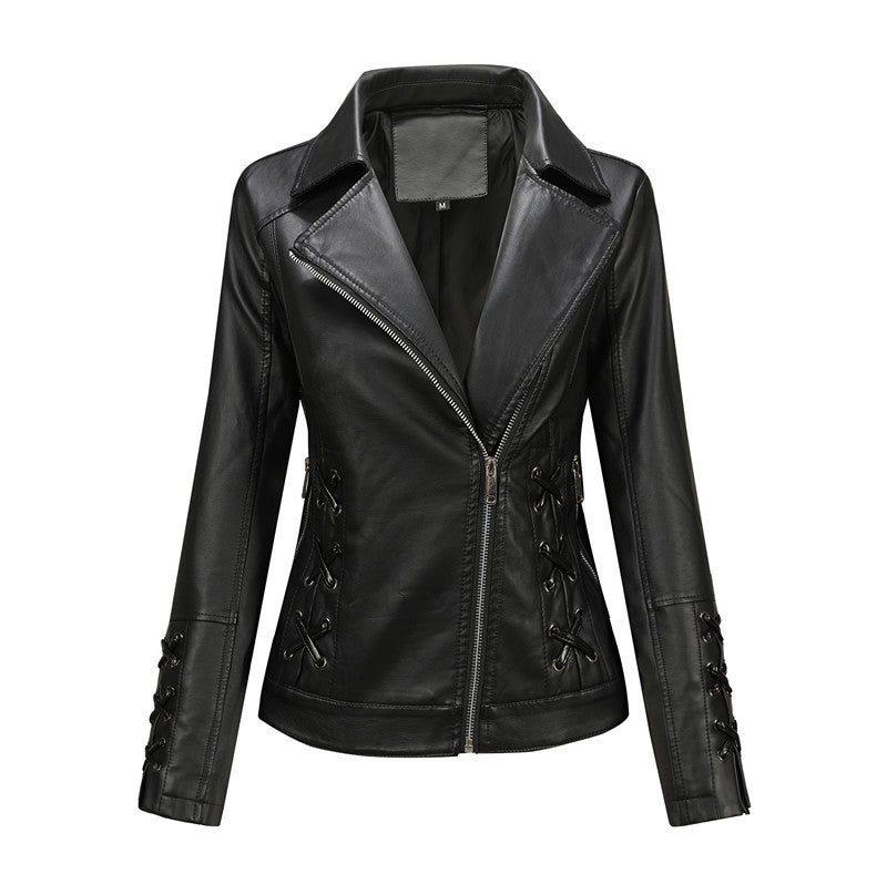 Black Women's Faux Leather Biker Jacket with Side Lacing & Asymmetric Zip