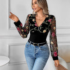 Black Women's Lace Blouse with Floral Embroidered Mesh Sleeves & V-Neck