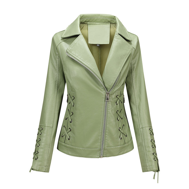 Green Women's Faux Leather Biker Jacket with Side Lacing & Asymmetric Zip