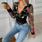 Black Women's Lace Blouse with Floral Embroidered Mesh Sleeves & V-Neck