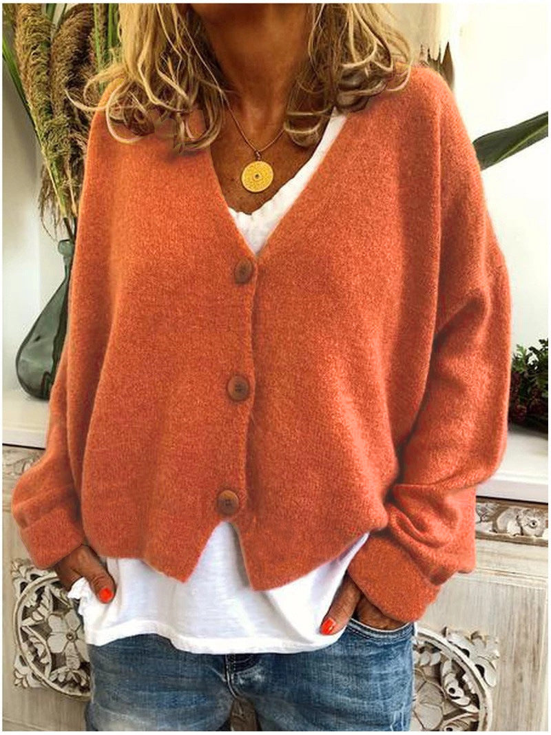 Orange Women's V-Neck Knit Cardigan with Button-Front & Relaxed Fit