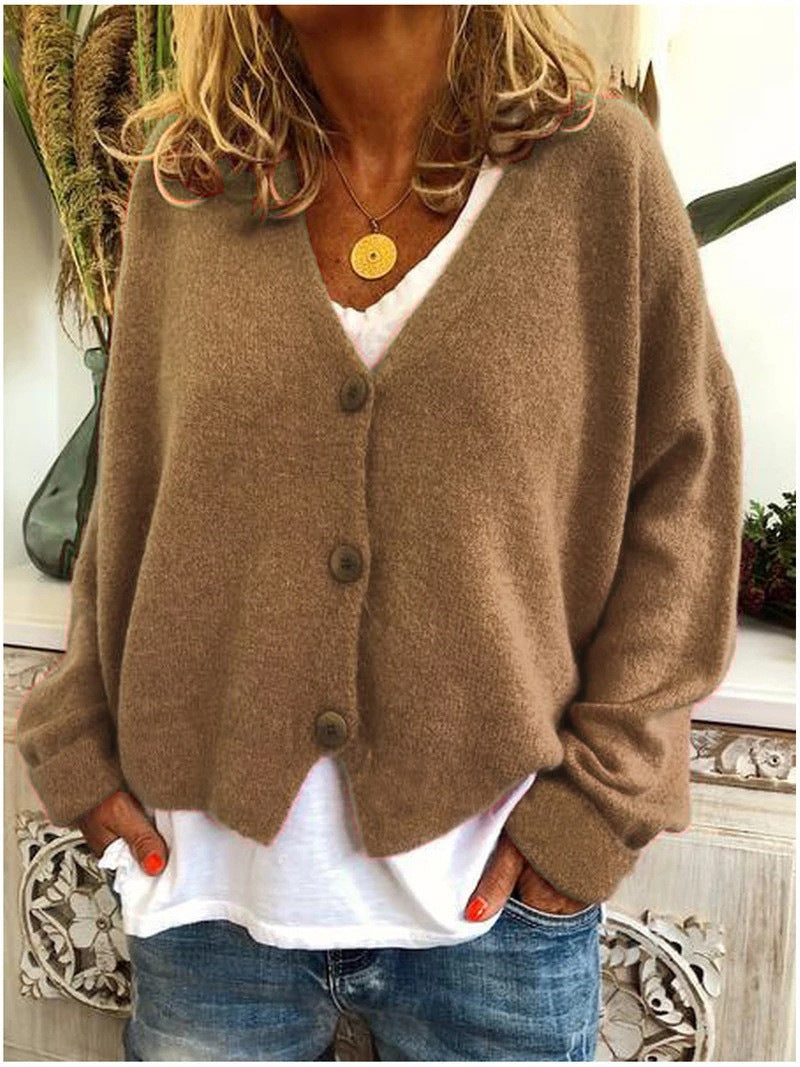 Khaki Women's V-Neck Knit Cardigan with Button-Front & Relaxed Fit