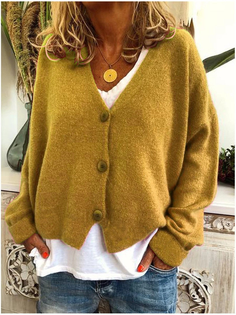 Yellow Women's V-Neck Knit Cardigan with Button-Front & Relaxed Fit