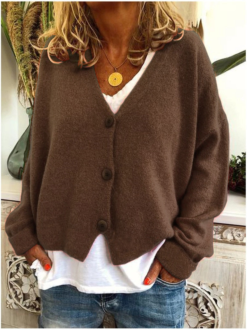 Brown Women's V-Neck Knit Cardigan with Button-Front & Relaxed Fit