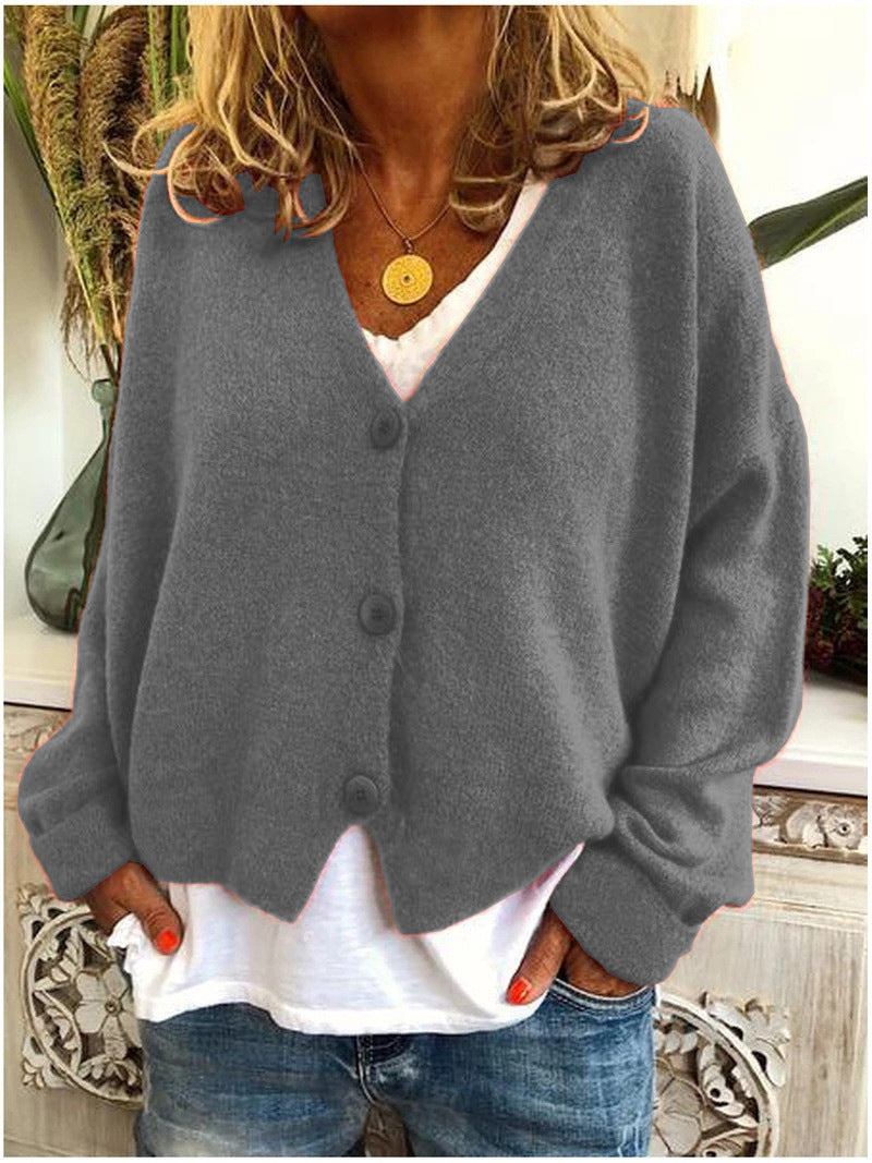 Grey Women's V-Neck Knit Cardigan with Button-Front & Relaxed Fit