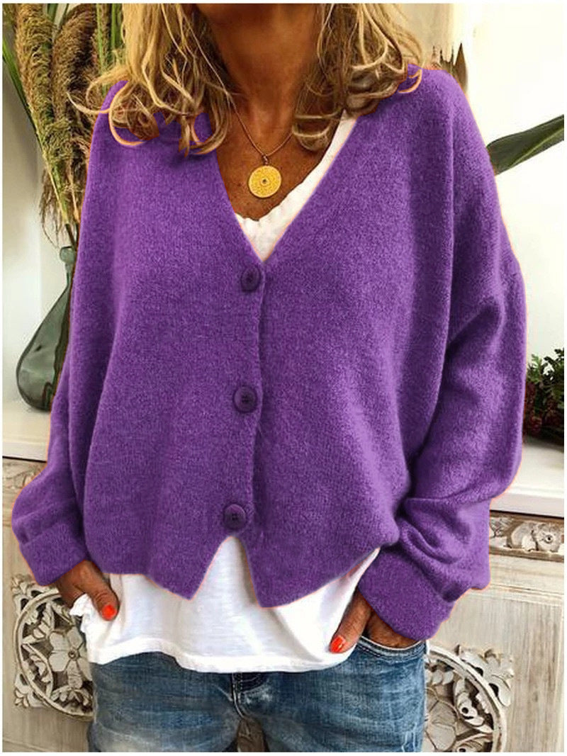 Lilac Women's V-Neck Knit Cardigan with Button-Front & Relaxed Fit