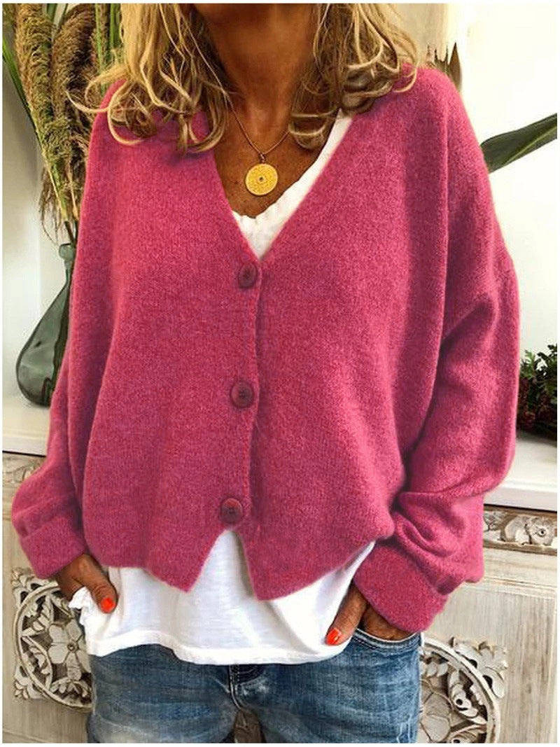 Rose Red Women's V-Neck Knit Cardigan with Button-Front & Relaxed Fit