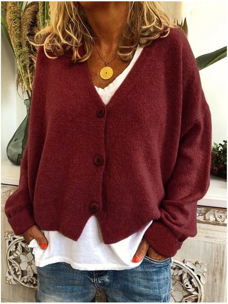 Chestnut Brown Women's V-Neck Knit Cardigan with Button-Front & Relaxed Fit