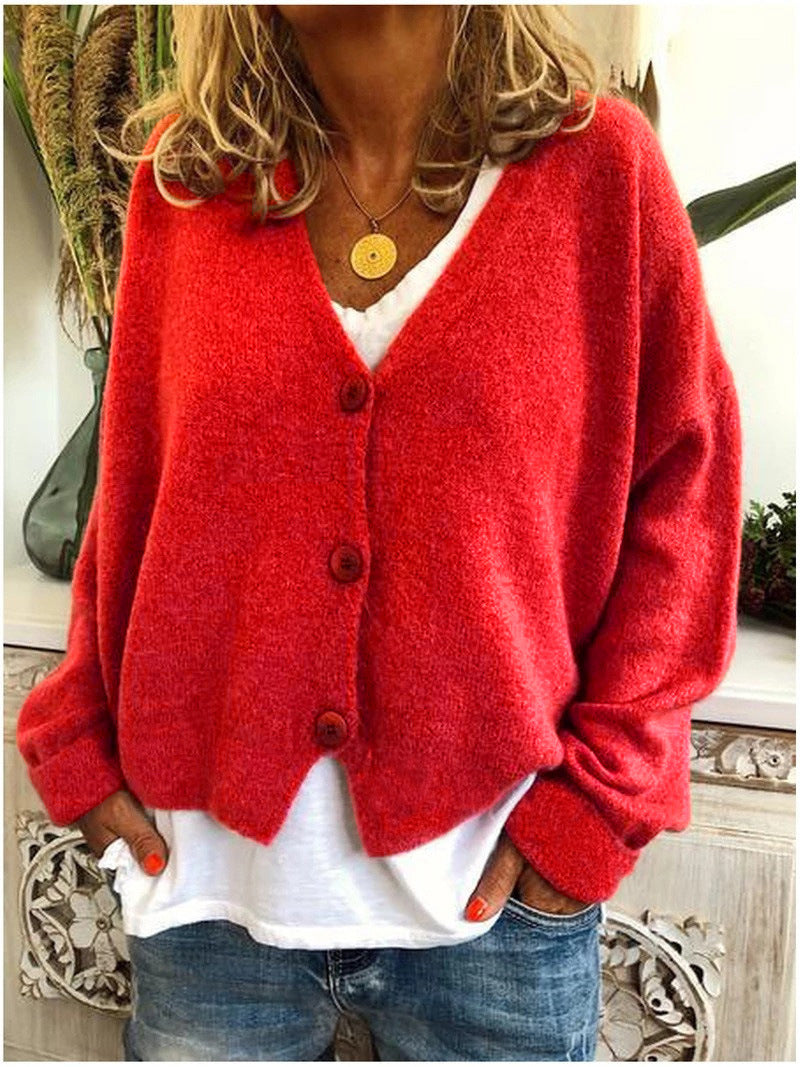 Red Women's V-Neck Knit Cardigan with Button-Front & Relaxed Fit