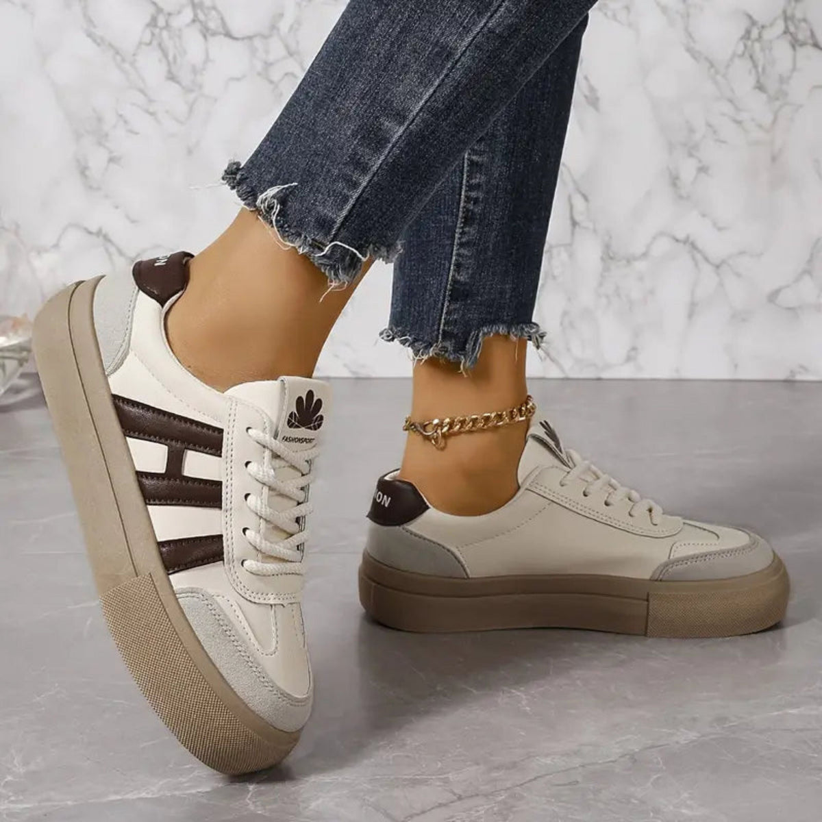 Women's White Sneakers with Lace-Up Closure & Cushioned Platform Sole — Vanessa
