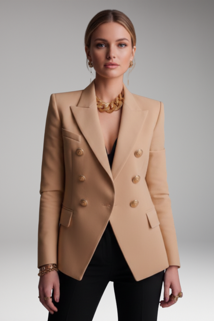 Khaki Women's Blazer with Overlapping Button Front & Tailored Fit
