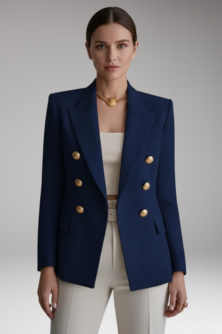 Navy Blue Women's Blazer with Overlapping Button Front & Tailored Fit