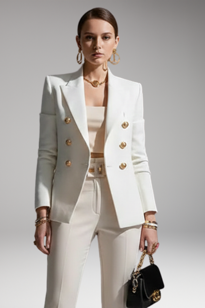 White Women's Blazer with Overlapping Button Front & Tailored Fit