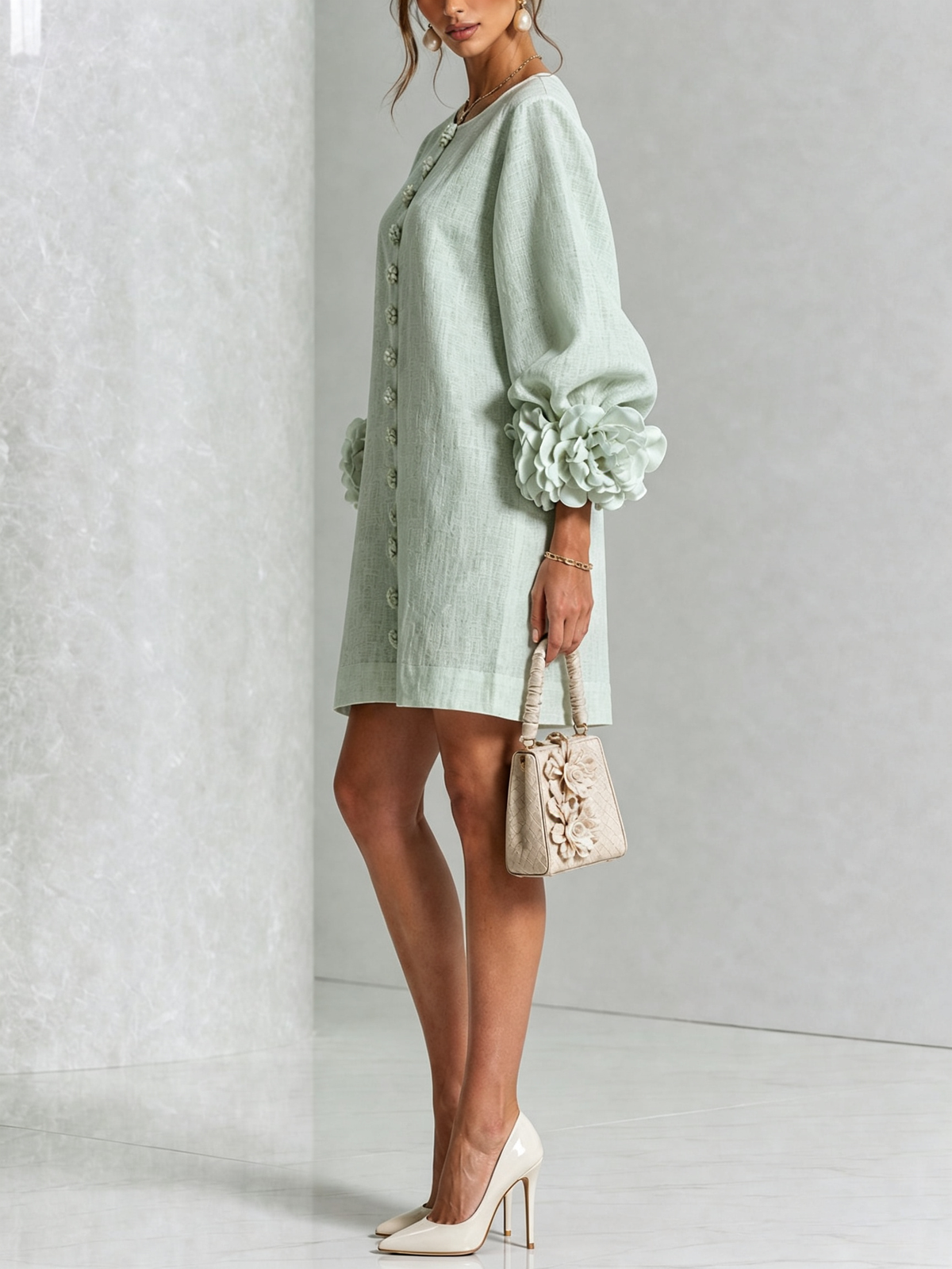 Women's Mini Dress with Sculptural Cuffs & Button-Front Design