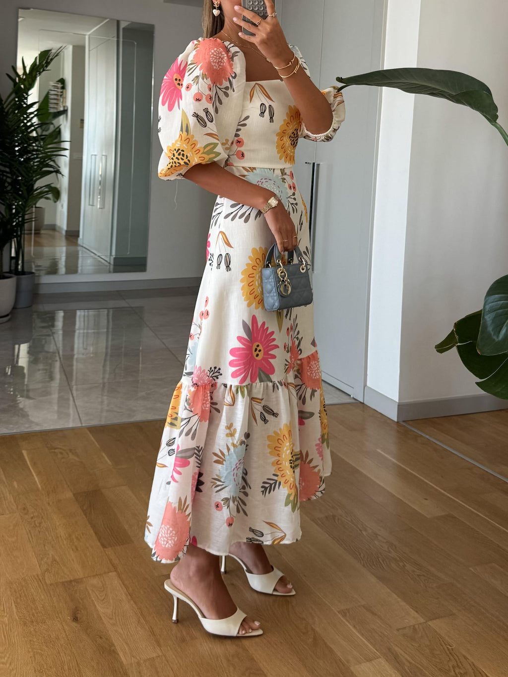 Multicolor Women's Floral Tiered Midi Dress with Puff Sleeves