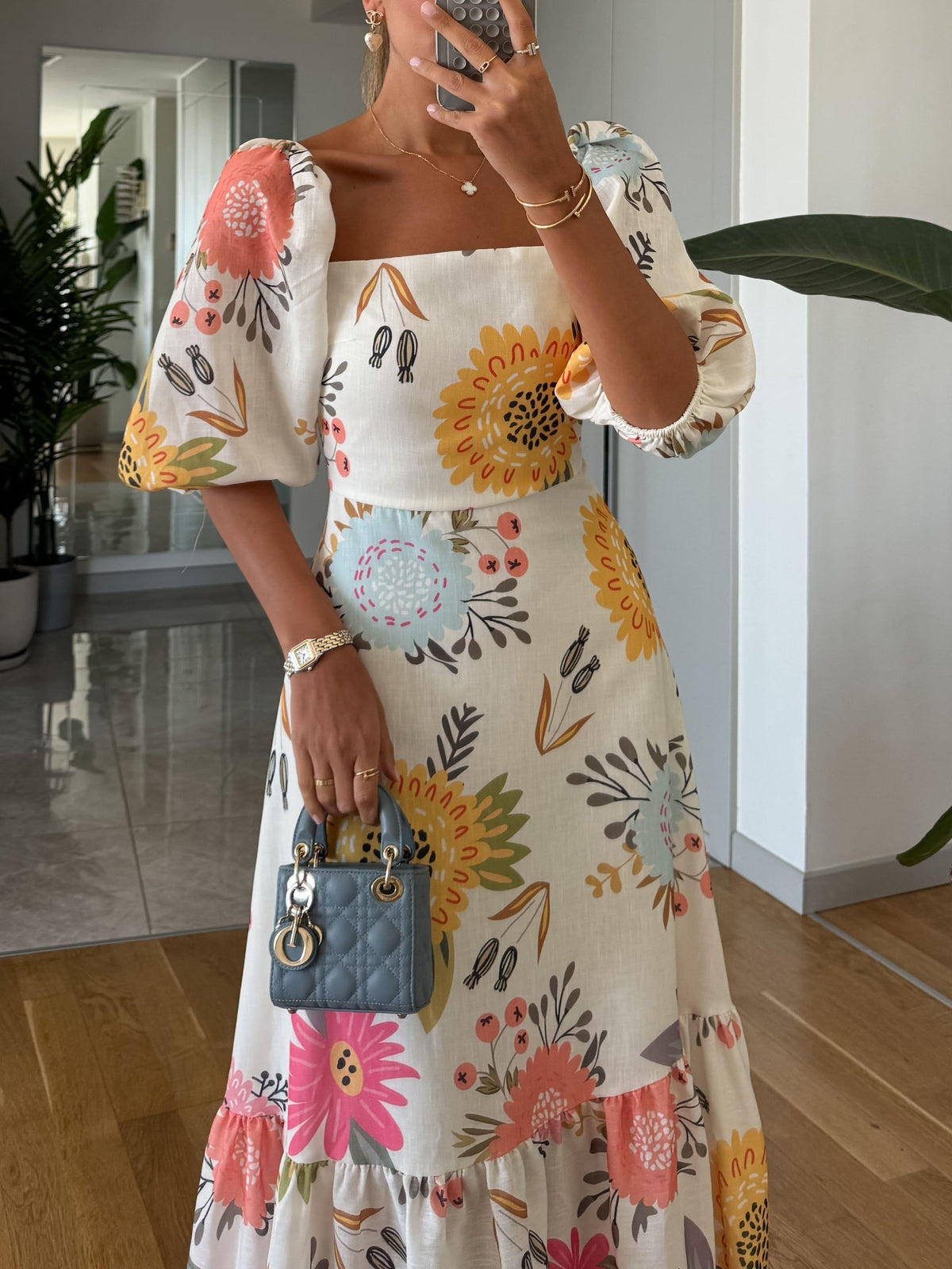 Multicolor Women's Floral Tiered Midi Dress with Puff Sleeves