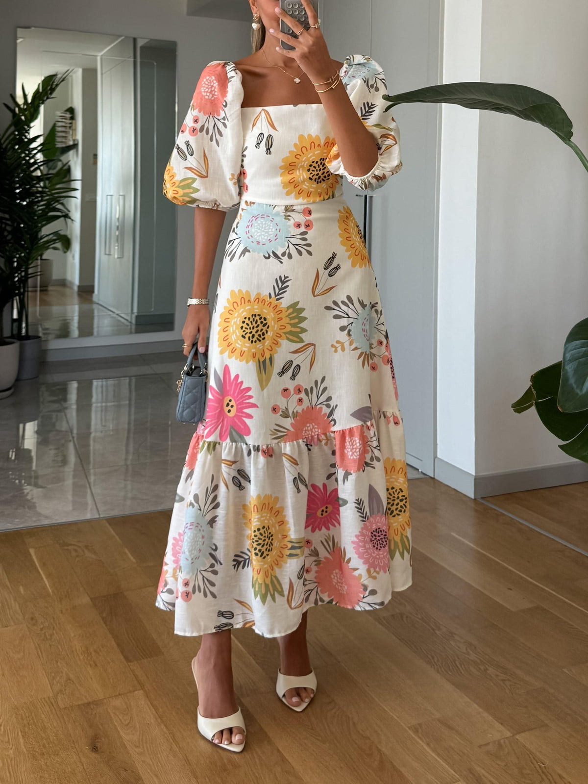 Multicolor Women's Floral Tiered Midi Dress with Puff Sleeves