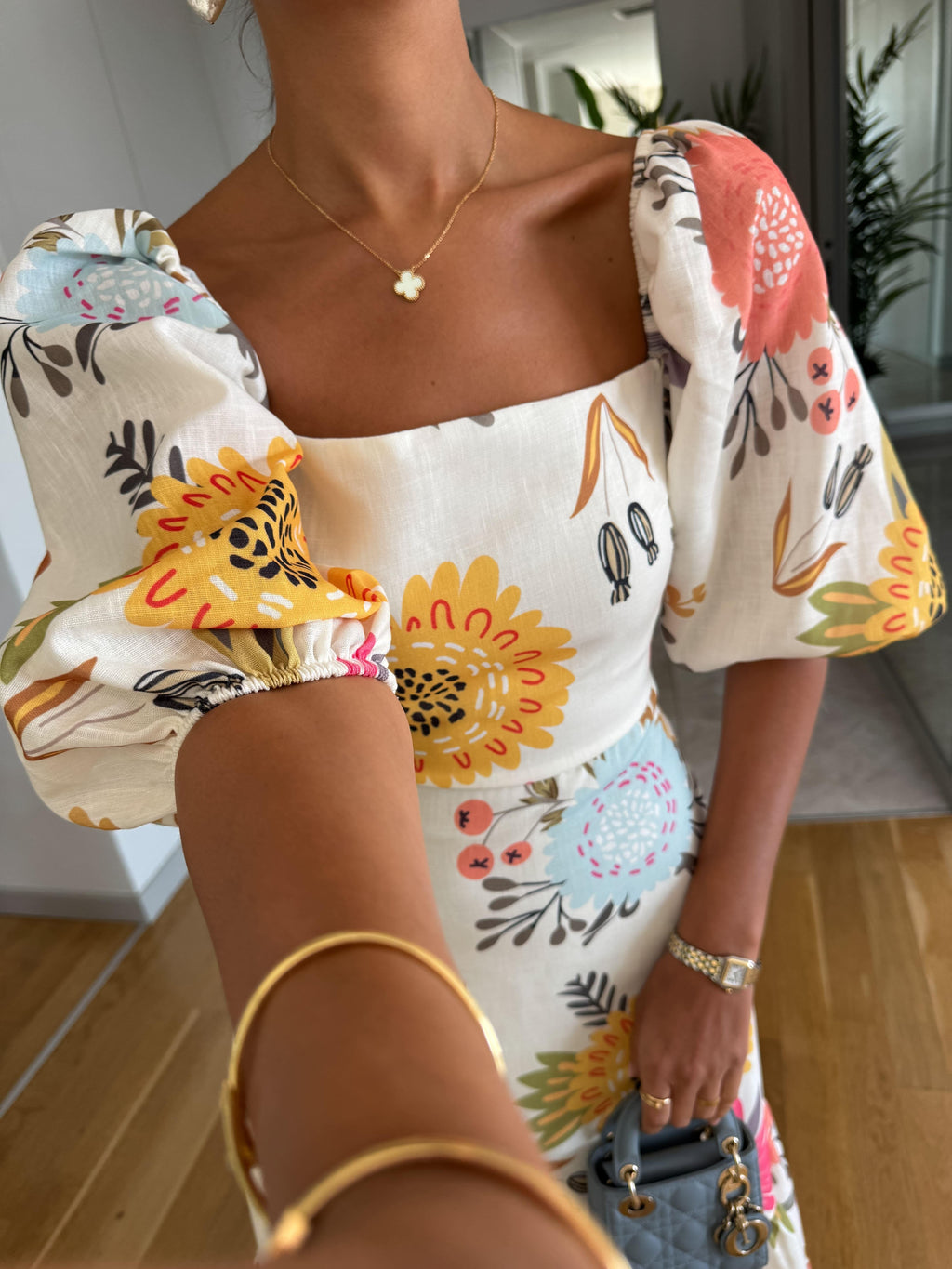 Multicolor Women's Floral Tiered Midi Dress with Puff Sleeves