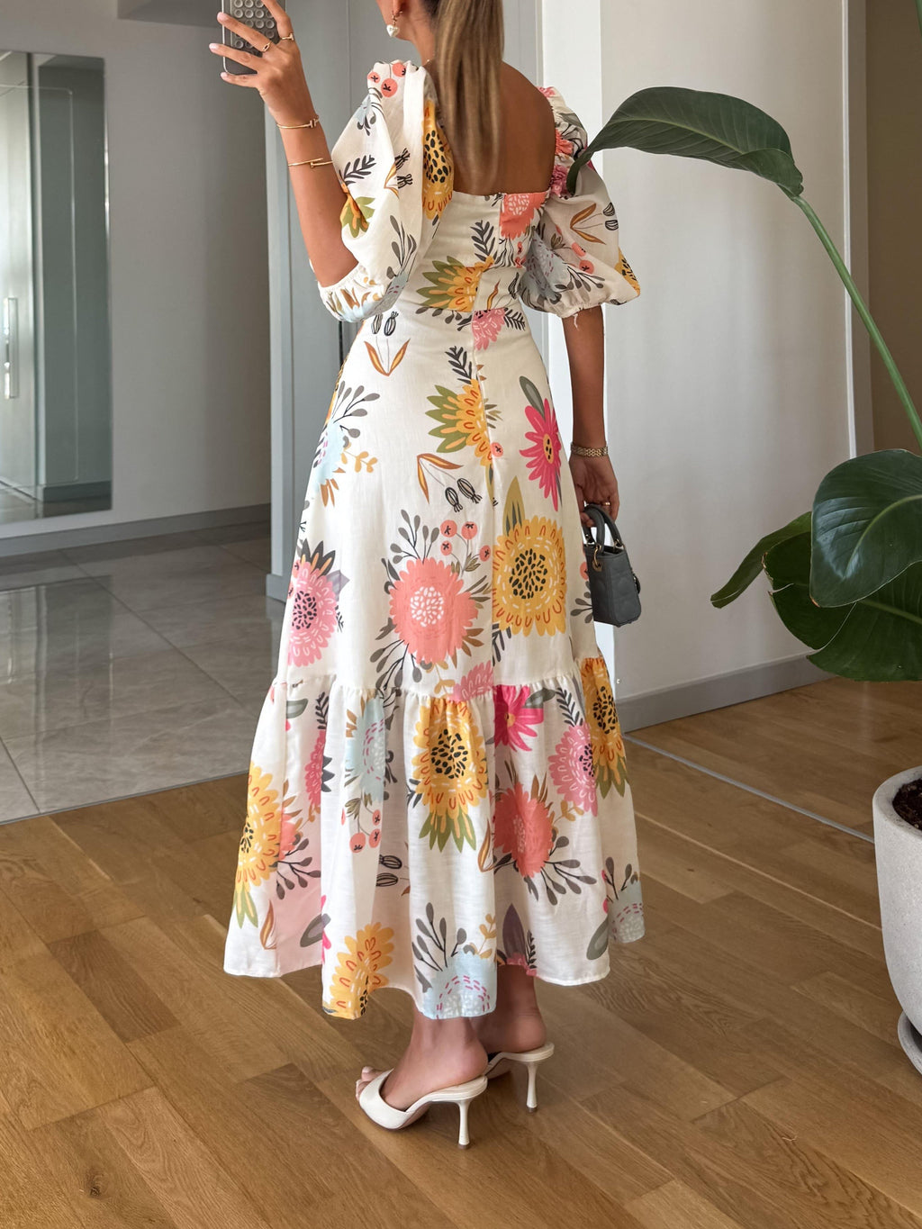 Multicolor Women's Floral Tiered Midi Dress with Puff Sleeves