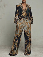 Black Women's Wide Leg Pants Set with Plunging V-Neck & Blouson Sleeves