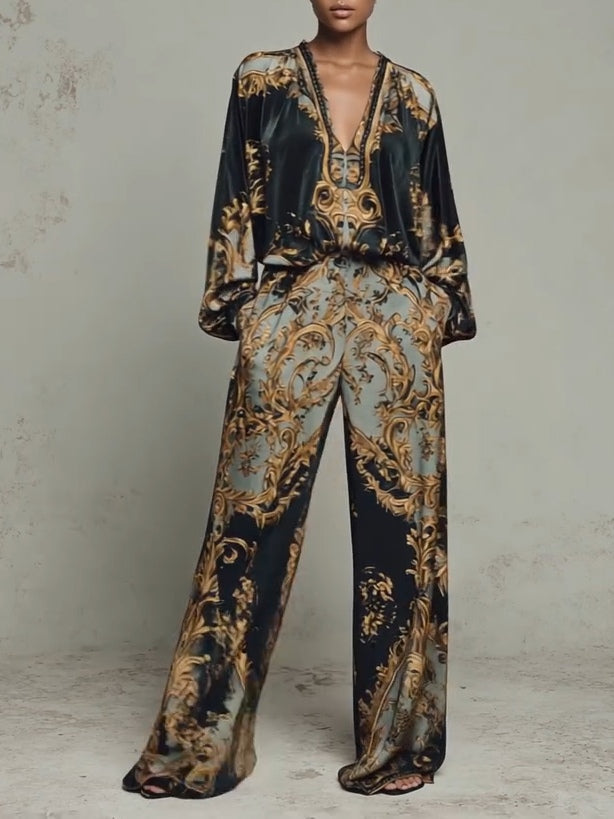 Black Women's Wide Leg Pants Set with Plunging V-Neck & Blouson Sleeves